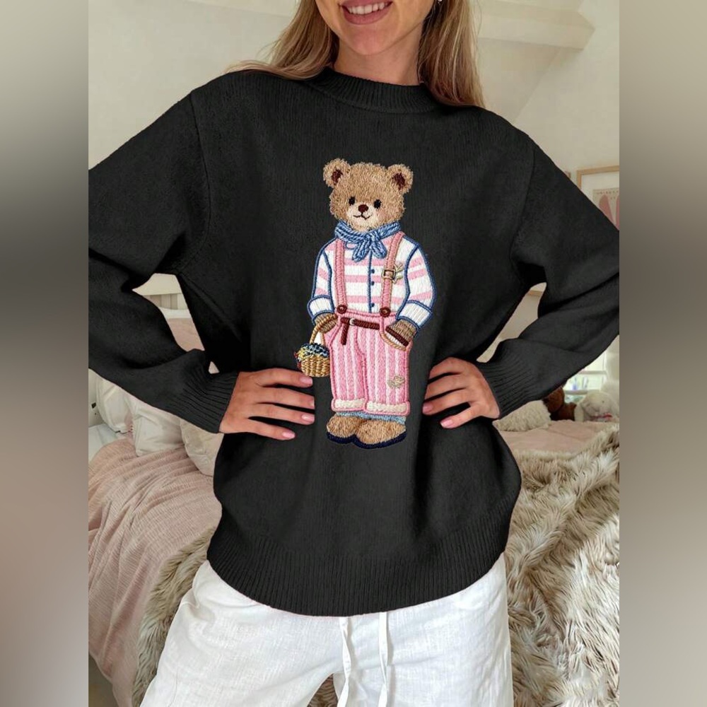 Pink Teddy Bear‎ VINYL Applique Sweater Size M Cozy Preppy Aesthetic Crewneck